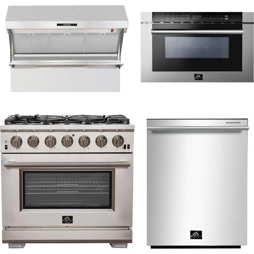 Forno 36 Inch Pro Gas Range, Wall Mount Range Hood, Microwave Drawer and Dishwasher Appliance Package