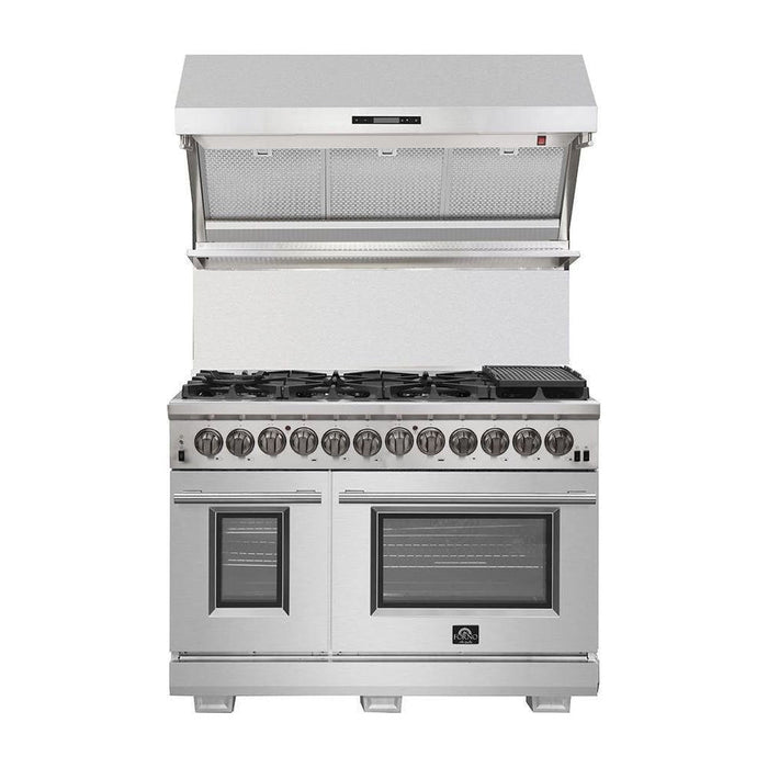 Forno 48" Dual Fuel Range, 36" French Door Refrigerator, Wall Mount Hood with Backsplash and Stainless Steel Dishwasher Pro Appliance Package