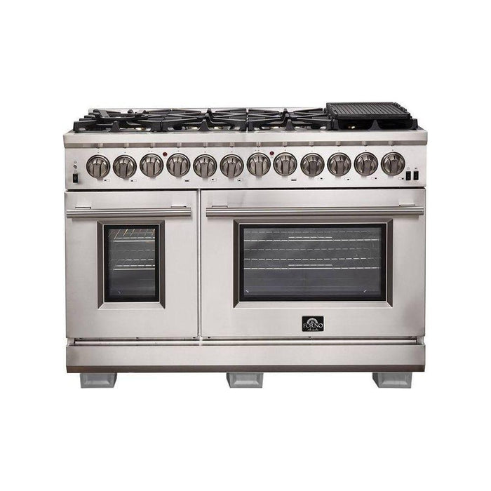 Forno 48" Dual Fuel Range, 36" French Door Refrigerator, Wall Mount Hood with Backsplash and Stainless Steel Dishwasher Pro Appliance Package