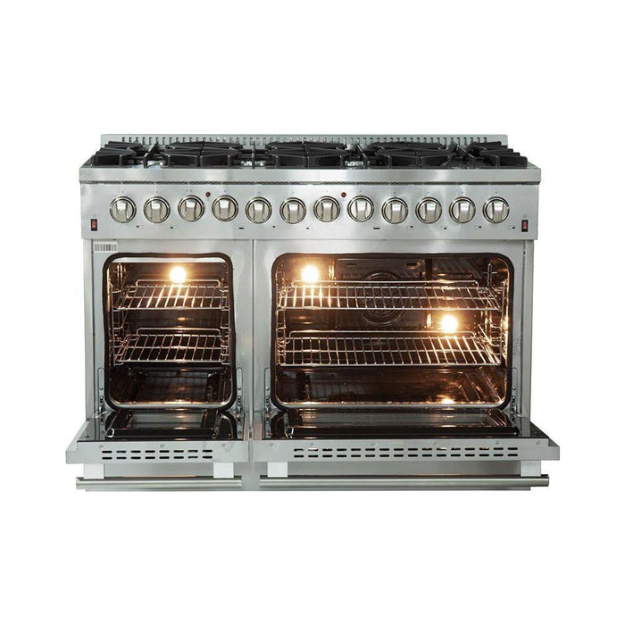 Forno 48" Dual Fuel Range, 56" Pro-Style Refrigerator & Stainless Steel Wall Mount Hood with Backsplash Appliance Package