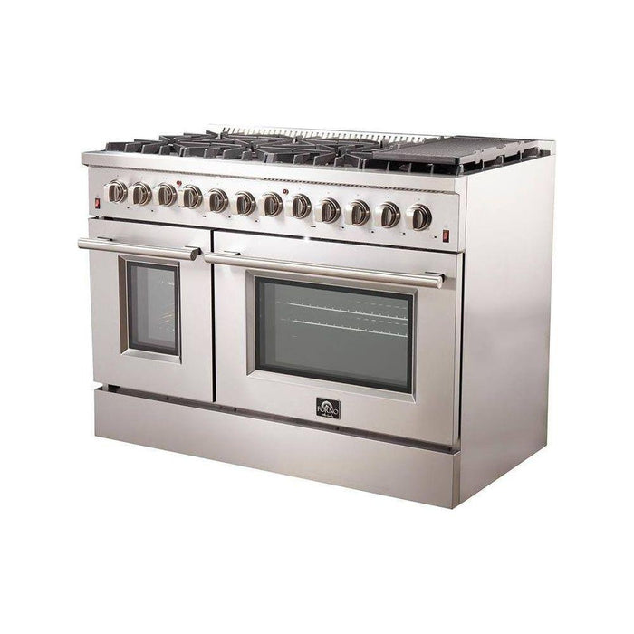 Forno 48" Dual Fuel Range, 56" Pro-Style Refrigerator & Stainless Steel Wall Mount Hood with Backsplash Appliance Package