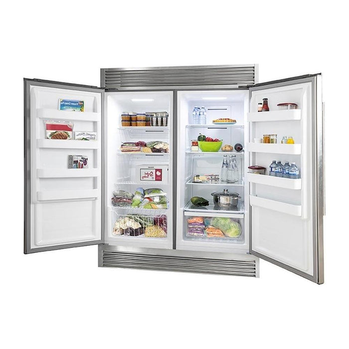 Forno 48" Dual Fuel Range, 56" Pro-Style Refrigerator & Stainless Steel Wall Mount Hood with Backsplash Appliance Package