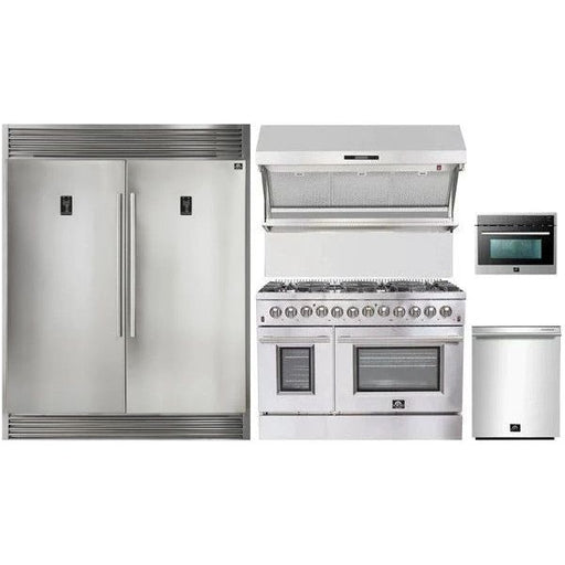 Forno 48" Dual Fuel Range, 56" Pro-Style Refrigerator, Wall Mount Hood with Backsplash, Microwave Oven and Stainless Steel 3-Rack Dishwasher Appliance Package