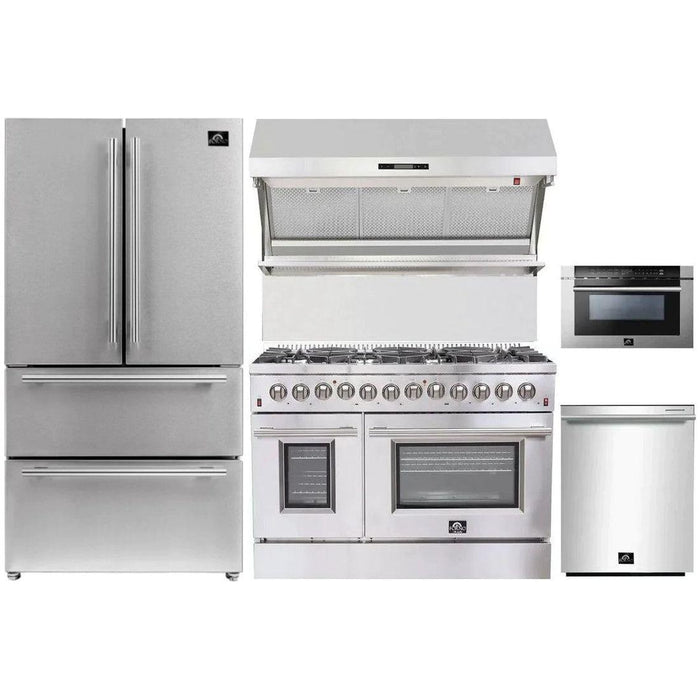 Forno 48" Dual Fuel Range, Refrigerator, Wall Mount Hood with Backsplash, Microwave Drawer and Stainless Steel 3-Rack Dishwasher Appliance Package