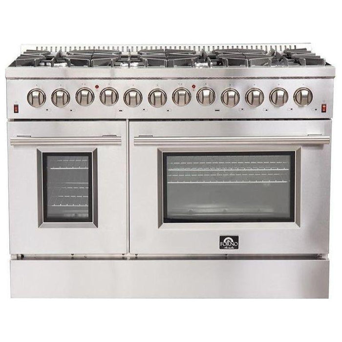 Forno 48" Dual Fuel Range, Refrigerator with Water Dispenser, Microwave Drawer and Stainless Steel 3-Rack Dishwasher Appliance Package