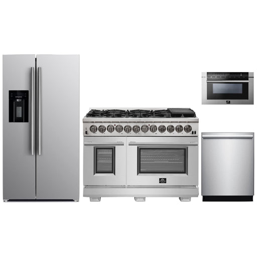 Forno 48" Dual Fuel Range, Refrigerator with Water Dispenser, Microwave Drawer and Stainless Steel 3-Rack Dishwasher Pro Appliance Package