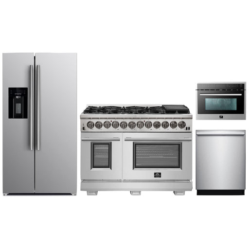 Forno 48" Dual Fuel Range, Refrigerator with Water Dispenser, Microwave Oven and Stainless Steel 3-Rack Dishwasher Pro Appliance Package