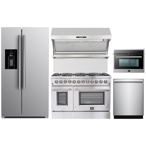 Forno 48" Dual Fuel Range, Refrigerator with Water Dispenser, Wall Mount Hood with Backsplash, Microwave Oven and Stainless Steel 3-Rack Dishwasher Appliance Package