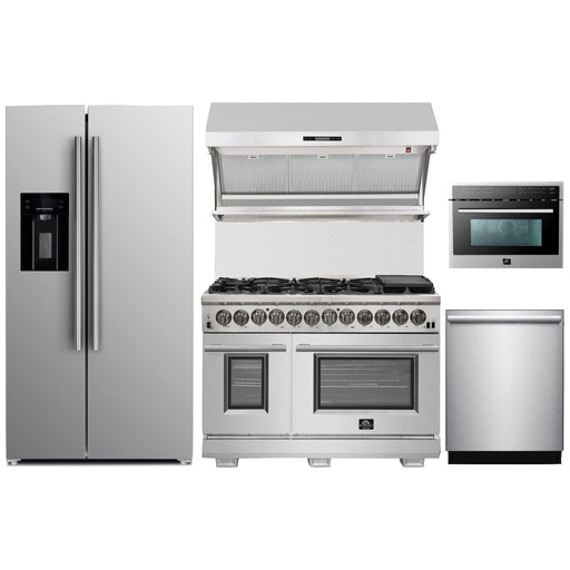 Forno 48" Dual Fuel Range, Refrigerator with Water Dispenser, Wall Mount Hood with Backsplash, Microwave Oven and Stainless Steel 3-Rack Dishwasher Pro Appliance Package