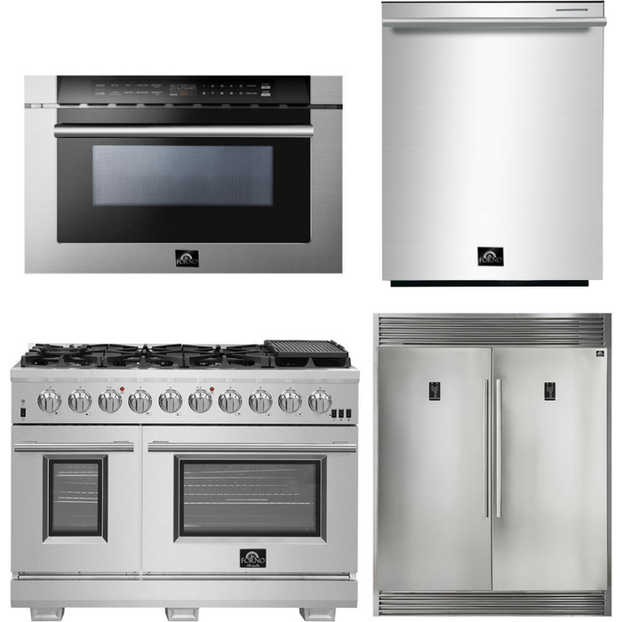 Forno 48" Gas Burner/Electric Oven Pro Range + Refrigerator + Microwave Drawer + Dishwasher Appliance Package