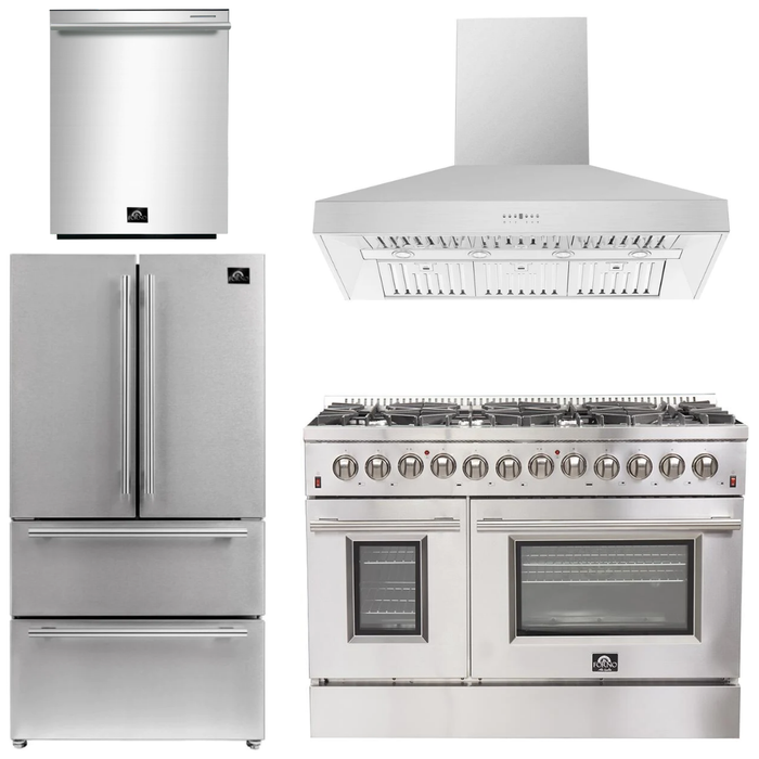 Forno 48" Gas Burner, Electric Oven Range, Range Hood, 36" Refrigerator and Dishwasher Appliance Package