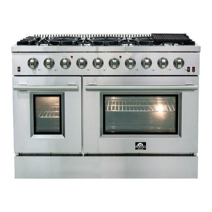 Forno 48" Gas Range, 56" Pro-Style Refrigerator and Stainless Steel Wall Mount Hood with Backsplash Appliance Package