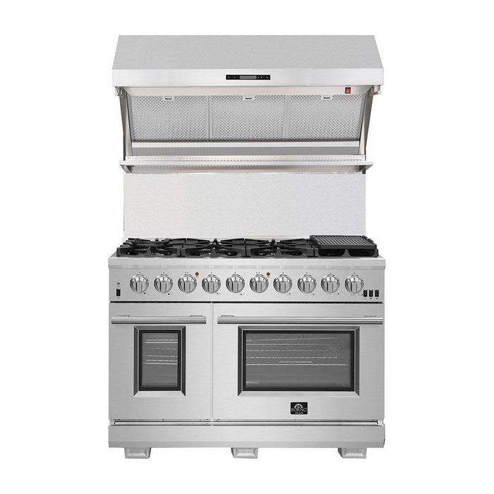 Forno 48" Gas Range, 56" Pro-Style Refrigerator and Wall Mount Hood with Backsplash Appliance Package