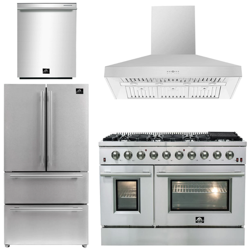 Forno 48" Gas Range, Range Hood, 36" Refrigerator and Dishwasher Appliance Package