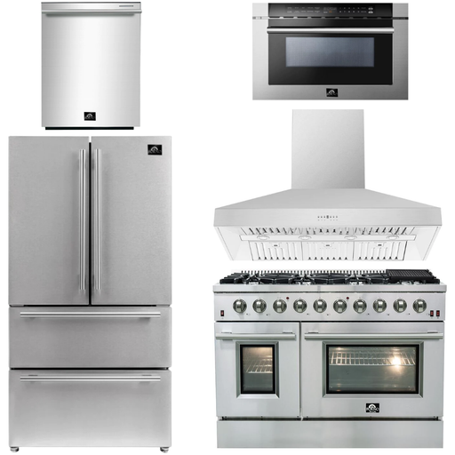 Forno 48" Gas Range, Range Hood, 36" Refrigerator, Dishwasher and Microwave Drawer Appliance Package