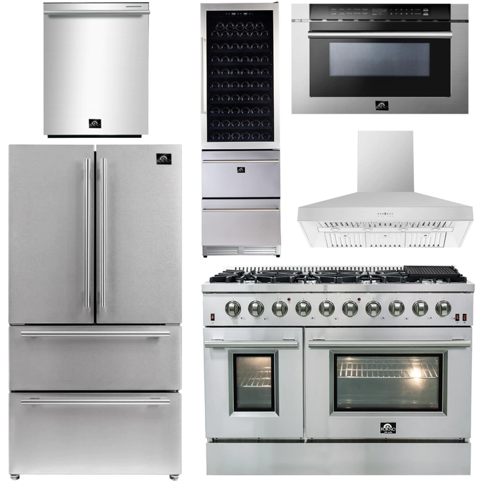 Forno 48" Gas Range, Range Hood, 36" Refrigerator, Dishwasher, Microwave Drawer and Wine Cooler Appliance Package