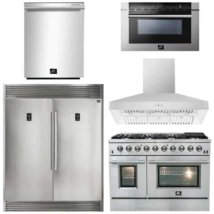 Forno 48" Gas Range, Range Hood, 60" Refrigerator, Dishwasher and Microwave Drawer Appliance Package