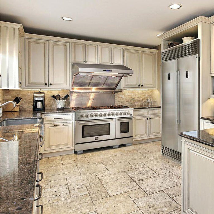 Forno 48" Gas Range + Range Hood + Refrigerator + Microwave Drawer + Dishwasher + Wine Cooler Appliance Package