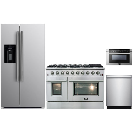 Forno 48" Gas Range, Refrigerator with Water Dispenser, Microwave Drawer and Stainless Steel 3-Rack Dishwasher Appliance Package