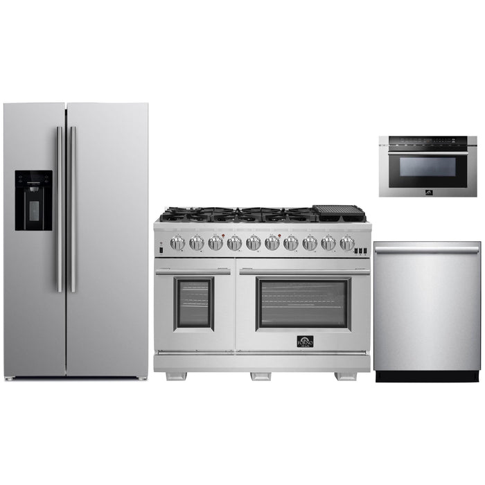 Forno 48" Gas Range, Refrigerator with Water Dispenser, Microwave Drawer and Stainless Steel 3-Rack Dishwasher Pro Appliance Package