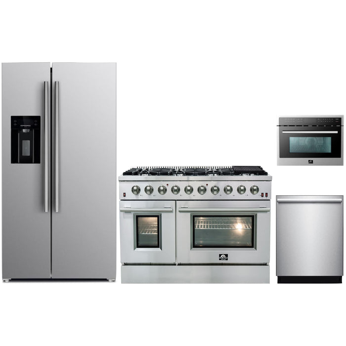 Forno 48" Gas Range, Refrigerator with Water Dispenser, Microwave Oven and Stainless Steel 3-Rack Dishwasher Appliance Package