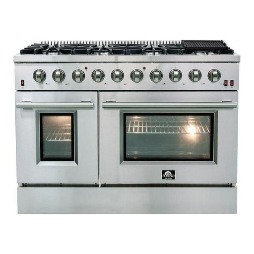 Forno 48" Gas Range, Refrigerator with Water Dispenser, Microwave Oven and Stainless Steel 3-Rack Dishwasher Appliance Package