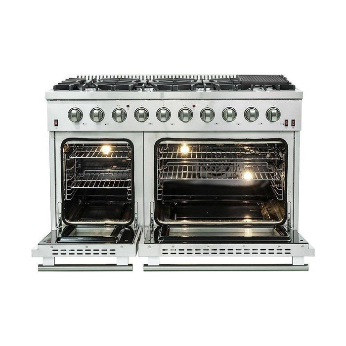 Forno 48" Gas Range, Refrigerator with Water Dispenser, Microwave Oven and Stainless Steel 3-Rack Dishwasher Appliance Package