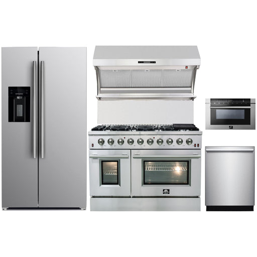 Forno 48" Gas Range, Refrigerator with Water Dispenser, Wall Mount Hood with Backsplash, Microwave Drawer and Stainless Steel 3-Rack Dishwasher Appliance Package