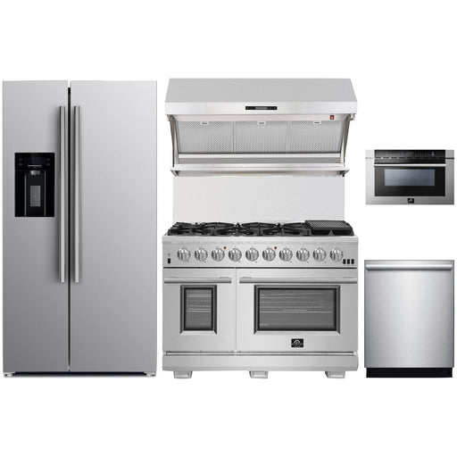 Forno 48" Gas Range, Refrigerator with Water Dispenser, Wall Mount Hood with Backsplash, Microwave Drawer and Stainless Steel 3-Rack Dishwasher Pro Appliance Package