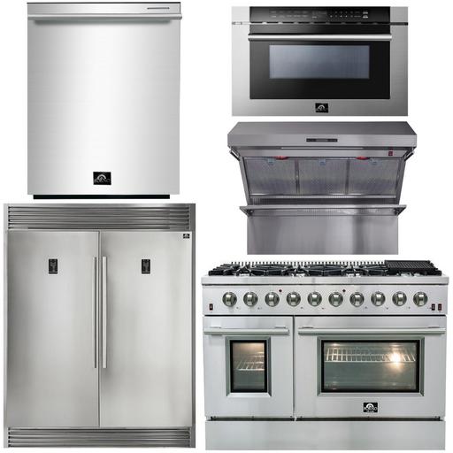 Forno 48" Gas Range + Wall Mount Range Hood + Refrigerator + Microwave Drawer + Dishwasher Appliance Package