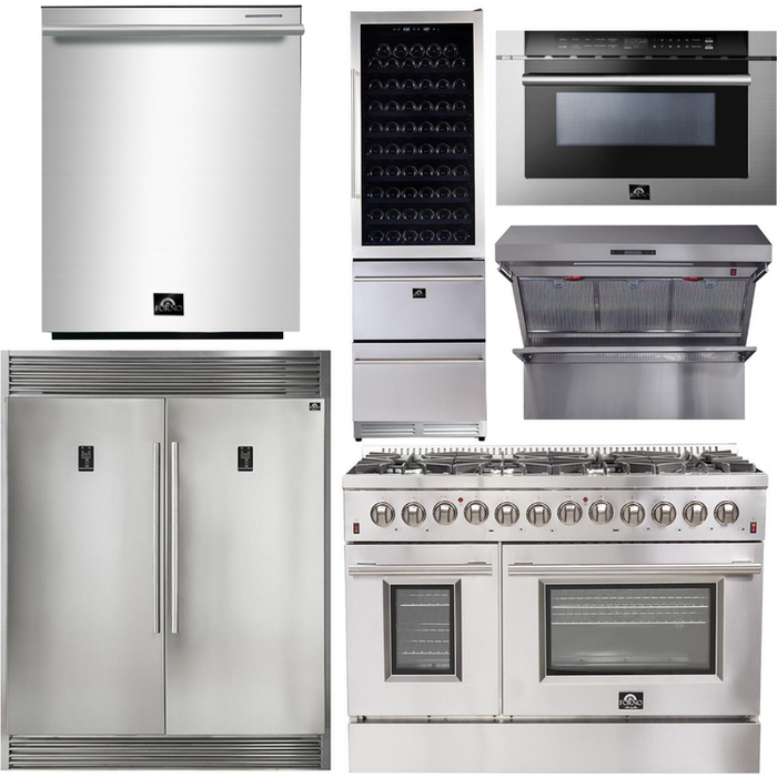 Forno 48 in. Dual Fuel Range + Range Hood + Refrigerator + Microwave Drawer + Dishwasher + Wine Cooler Appliance Package