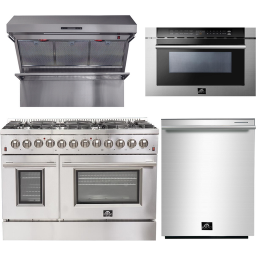 Forno 48 in. Dual Fuel Range + Wall Mount Range Hood + Microwave Drawer + Dishwasher Appliance Package