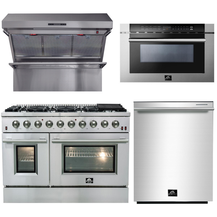 Forno 48 in. Gas Range + Wall Mount Range Hood + Microwave Drawer + Dishwasher Appliance Package