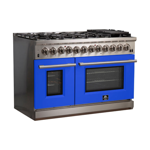 Forno 48-Inch Capriasca Dual Fuel Range with 8 Gas Burners and 240v Electric Oven in Stainless Steel with Blue Door (FFSGS6187-48BLU)