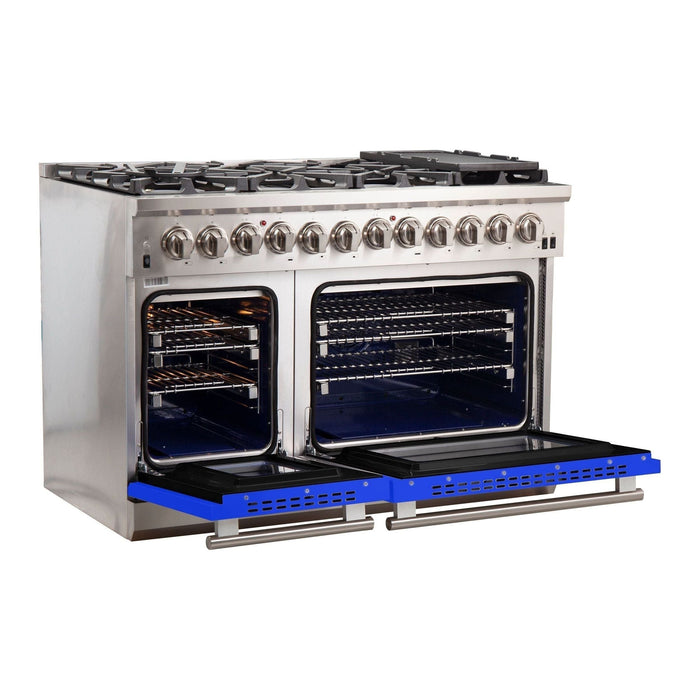 Forno 48-Inch Capriasca Dual Fuel Range with 8 Gas Burners and 240v Electric Oven in Stainless Steel with Blue Door (FFSGS6187-48BLU)