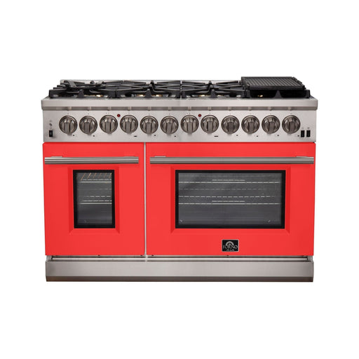 Forno 48-Inch Capriasca Dual Fuel Range with 8 Gas Burners and 240v Electric Oven in Stainless Steel with Red Door (FFSGS6187-48RED)