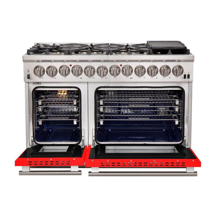 Forno 48-Inch Capriasca Dual Fuel Range with 8 Gas Burners and 240v Electric Oven in Stainless Steel with Red Door (FFSGS6187-48RED)