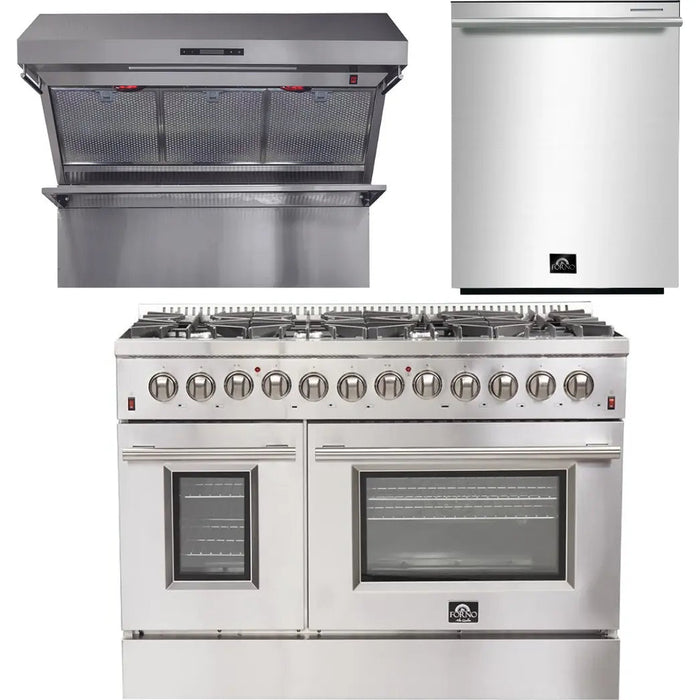 Forno 48 Inch Dual Fuel Range, Wall Mount Range Hood and Dishwasher Appliance Package