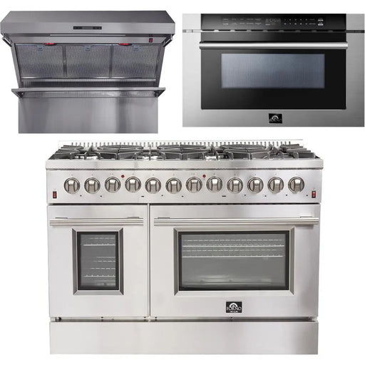 Forno 48 Inch Dual Fuel Range, Wall Mount Range Hood and Microwave Drawer Appliance Package