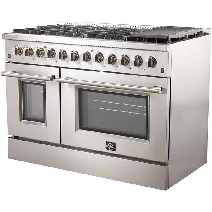 Forno 48 Inch Dual Fuel Range, Wall Mount Range Hood, Microwave Drawer and Dishwasher Appliance Package