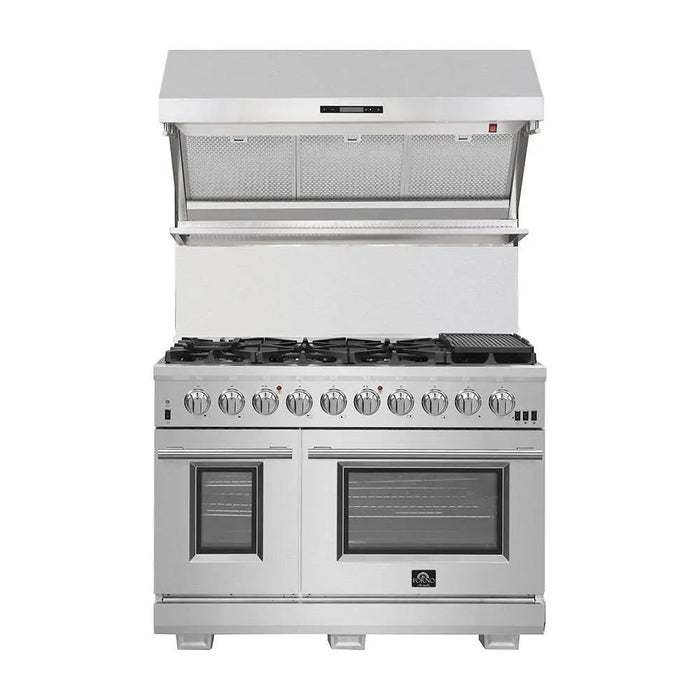 Forno 48 Inch Dual Fuel Range, Wall Mount Range Hood, Refrigerator, Microwave Drawer and Dishwasher Appliance Package