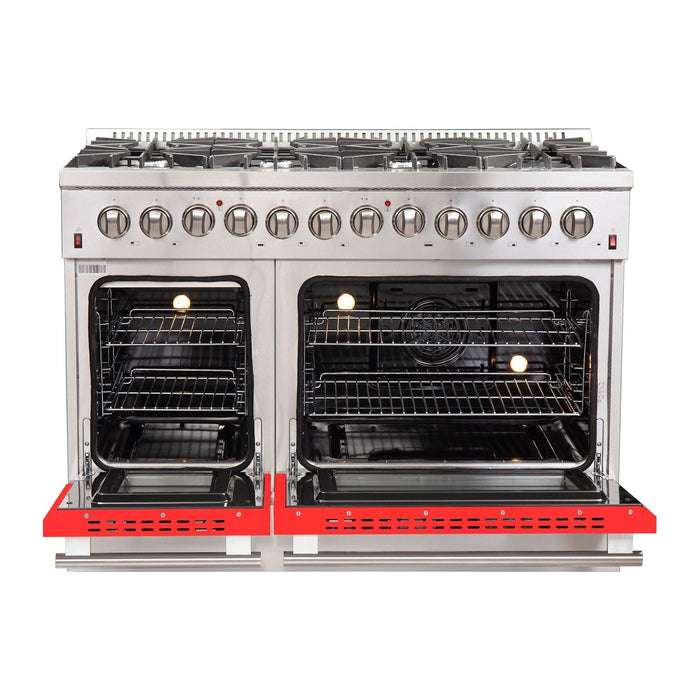 Forno 48-Inch Galiano Dual Fuel Range with 8 Gas Burners and 240v Electric Oven in Stainless Steel with Door (FFSGS6156-48RED)