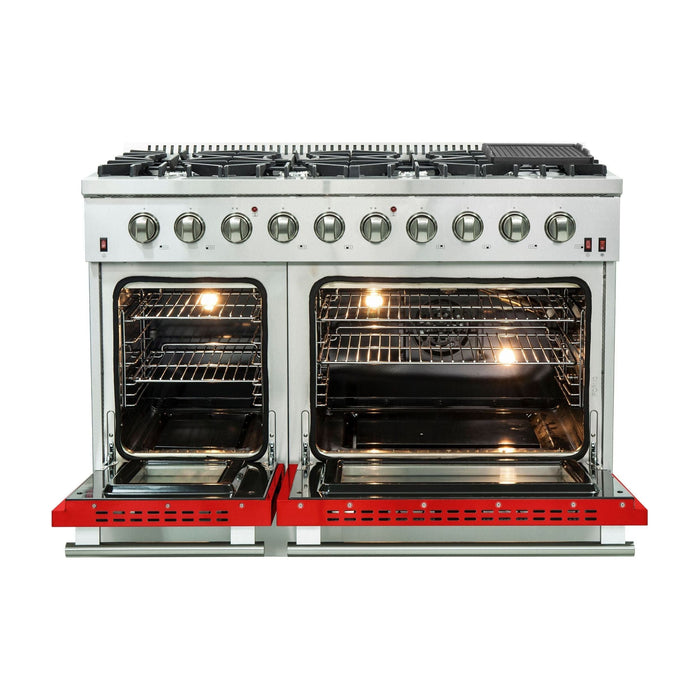 Forno 48-Inch Galiano Gas Range with 8 Gas Burners and Convection Oven in Stainless Steel with Red Door (FFSGS6244-48RED)