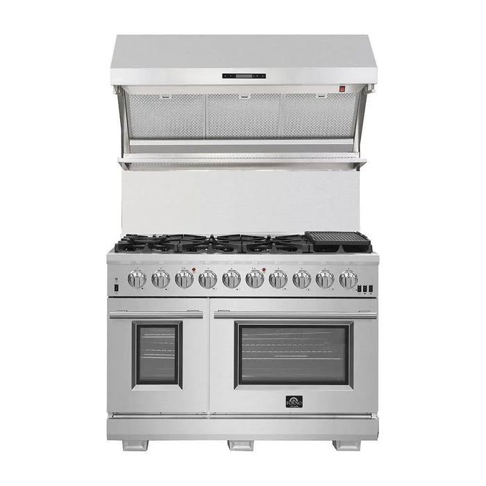 Forno 48 Inch Gas Burner/Electric Oven Pro Range, Range Hood, Refrigerator, Microwave Drawer, Dishwasher and Wine Cooler Appliance Package