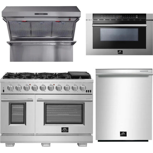 Forno 48 Inch Gas Burner/Electric Oven Pro Range, Wall Mount Range Hood, Microwave Drawer and Dishwasher Appliance Package