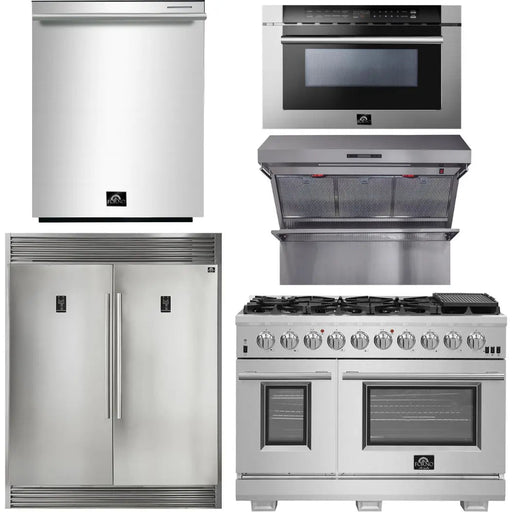 Forno 48 Inch Gas Burner/Electric Oven Pro Range, Wall Mount Range Hood, Refrigerator, Microwave Drawer and Dishwasher Appliance Package