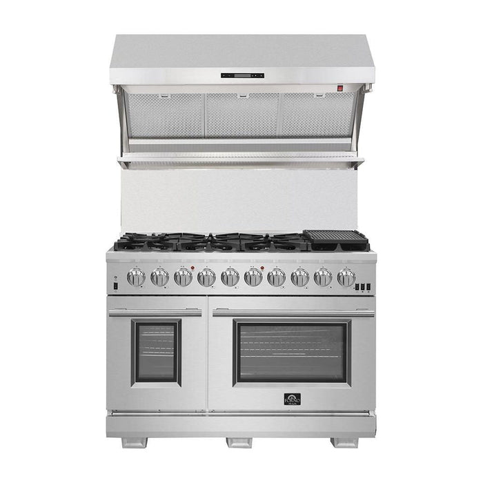 Forno 48 Inch Gas Burner/Electric Oven Pro Range, Wall Mount Range Hood, Refrigerator, Microwave Drawer and Dishwasher Appliance Package