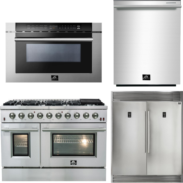 Forno 48 Inch Gas Range, 60 Inch Refrigerator, Microwave Drawer and Dishwasher Appliance Package