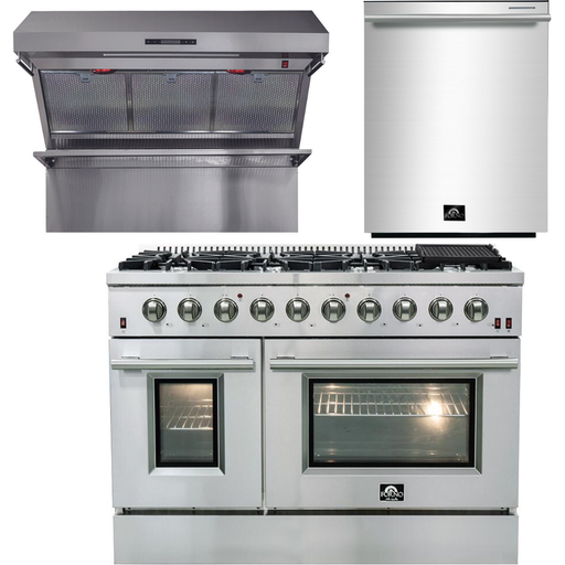 Forno 48 Inch Gas Range, Wall Mount Range Hood and Dishwasher Appliance Package