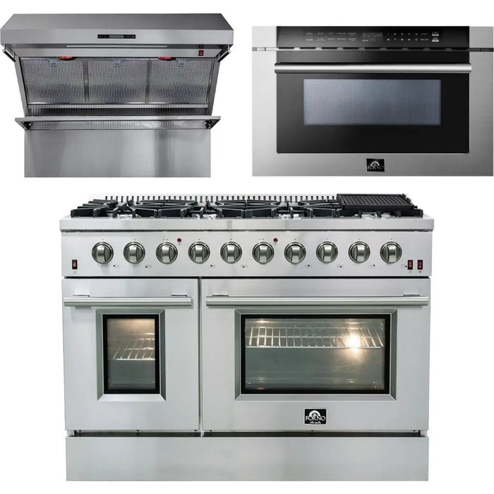 Forno 48 Inch Gas Range, Wall Mount Range Hood and Microwave Drawer Appliance Package